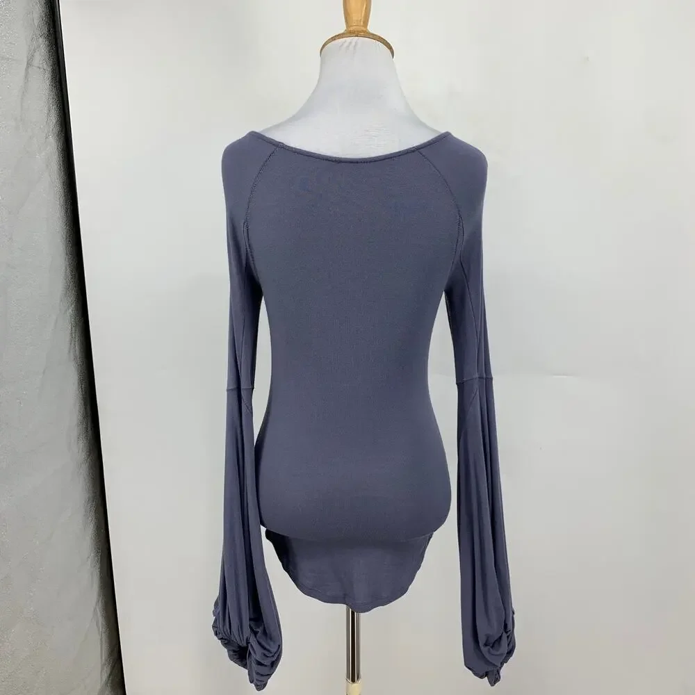 Free People Top Womens Small Blue Grey To The Tropics Blouson Sleeves Low Scoop